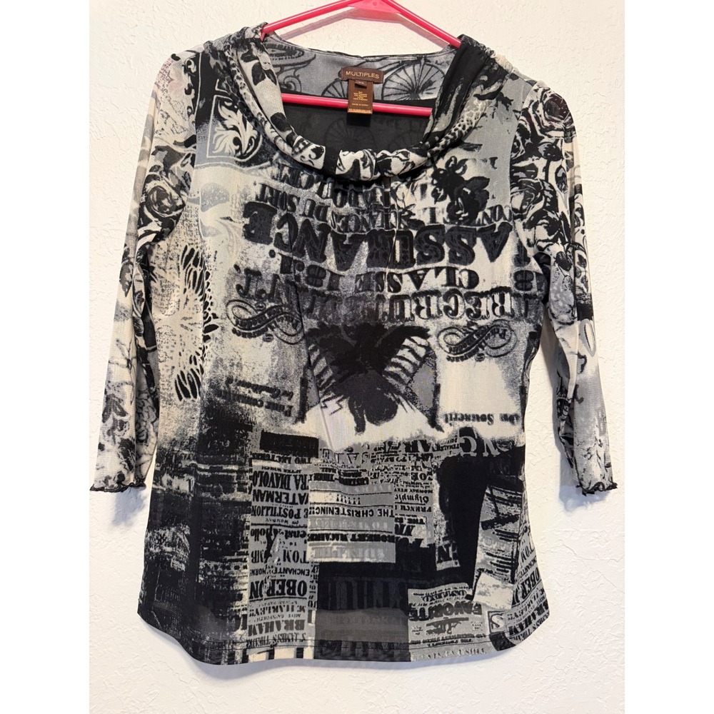 Multiples Newsprint Mesh Cowl Neck Top Black White 3/4 Sleeve Petite Small PS